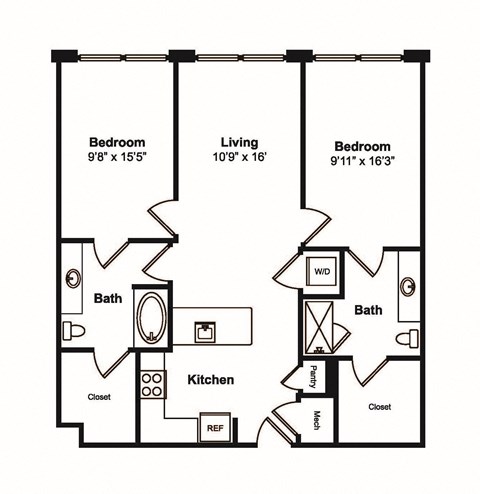 Floor plan for 2 beds, 2 baths, 1102 sqft